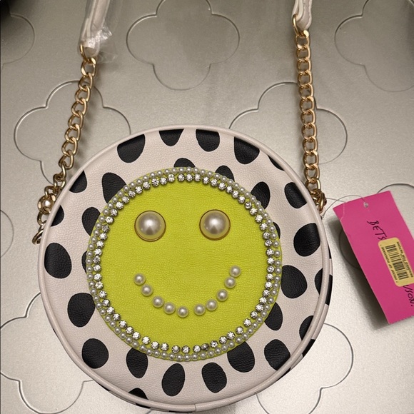 🆕 BETSEY JOHNSON Polka Dot Smiley Face Crossbody Bag NWT Pearls Rhinestones - Picture 10 of 17
